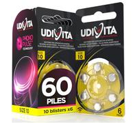 60 Piles Auditives Udivita Taille 10 PR70 Technologie Phono Pulse à Longue durée - 10 Blisters de 6 Piles