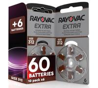 60 Piles pour Appareils Auditifs Rayovac Extra 312 + 6 Piles Udivita | 10+1 Plaquettes de 6 Batteries