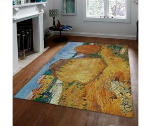 60x120cm Tapis Meules de Foin Style Empâtement Lavable Antidérapant | Moquette à poils bas champ de blé jaune éclatant coucher de soleil tapis intérieur doux pour salon chambre