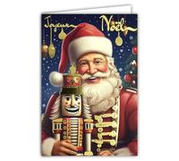 61-5832 Carte Joyeux Noël avec texte Doré Brillant et enveloppe blanche format 12x17,5cm - Père-Noël tenant un casse-noisette soldat de bois - Fabriqué en France