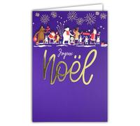 61-5836 Carte Joyeux Noël Grand Texte Doré Brillant et enveloppe blanche format 12x17,5cm - Père-Noël et les animaux Ours Blanc Polaire Brun Renne Cerf Renard Lapins des neiges - Fabriqué en France