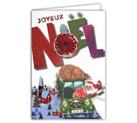 61-5840 Carte Joyeux Noël Gros Texte Rouge Brillant et enveloppe blanche format 12x17,5cm - Voiture du Père-Noël avec sa hotte de cadeaux et un sapin Village avec une église - Fabriqué en France