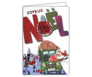 61-5840 Carte Joyeux Noël Gros Texte Rouge Brillant et enveloppe blanche format 12x17,5cm - Voiture du Père-Noël avec sa hotte de cadeaux et un sapin Village avec une église - Fabriqué en France