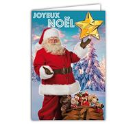 61-6034 Carte Joyeux Noël avec Enveloppe et Collage EN RELIEF étoile en or doré brillant scintillant étincelant Photo du Père Noël Costume Rouge Barbe Hotte Cadeaux Jouets Peluches Animaux Forêt