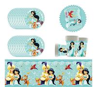 61Pcs de fournitures de fête pour princesse Jasmine, set comprenant une nappe, des assiettes, des tasses et des serviettes pour une baby shower, un mariage, un anniversaire (20 invités).