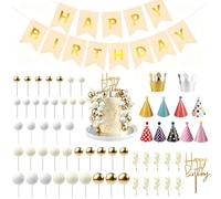 62 pièces de Décoration de Gâteau d'Anniversaire - Topper Happy Birthday, Boules, Chapeaux, Guirlande - Déco de Fête Dohème et Baptême