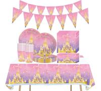 62 Table d'anniversaire château de princesse rose, table d'anniversaire pour enfants, fête d'anniversaire de fille, tasses, assiettes, nappes, mouchoirs, drapeaux d'anniversaire, pour 20 personnes