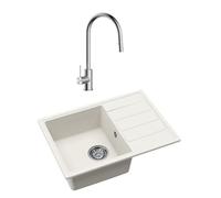 62x44 cm évier avec égouttoir réversible en granite à encastrer + mitigeur avec douchette 2 jets, blanc (SATSINKGE2W-SET1)