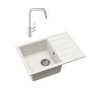 62x44 cm kit évier avec égouttoir réversible en Granite, à encastrer, blanc + mitigeur lavabo/cuisine Grohe Start (SATSE2WG304)