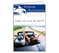 65-1346 Carte Heureux Anniversaire - Road Trip en Amoureux Envie de Liberté Voiture Coupé Sport Cabriolet Décapotable Route des vacances Evasion - Enveloppe Incluse - Fabriquée en France