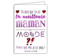 65-1418 Carte Meilleure MAMAN du monde Je t'aime Texte en Rose Fuchsia Brillant avec Enveloppe 12x17,5cm pour Fête des Mères ou Anniversaire Cœurs - Création Édition Impression Fabrication Française