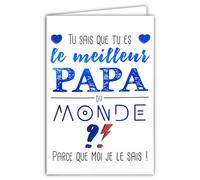 65-1419 Carte Meilleur PAPA du monde Texte Bleu Brillant avec Enveloppe 12x17,5cm pour Fête des Pères ou Anniversaire Je t'aime Cœurs - Création Édition Impression Fabrication Française