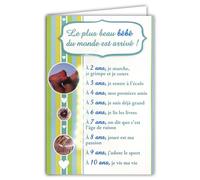 66-1011-2 Carte Bienvenue à Bébé Garçon Fille Félicitations Naissance ou Adoption Enfant Avec Enveloppe Bleue 12x17,5cm Collage en Relief Le plus beau bébé du monde est arrivé 1 2 3 4 5 6 7 8 9 10 ans