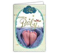 66-1156 Carte Félicitations aux Parents Heureux - Bienvenu Bébé Garçon - Bleu Or Doré Pieds nus Nuages étoiles Cœurs Mignon - Fabriquée en France
