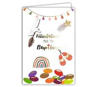66-3001 Carte Félicitations pour ton BAPTÊME en Or Doré Brillant avec Enveloppe 12x17,5cm Chaussons Bébé Fille Dragées Arc-en-ciel Colombe Paix Étoile Création Édition Impression Fabrication Française