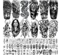 66 feuilles de tatouages temporaires pour homme et femme - Noir - Dragon - Aigle - Tatouages temporaires - Pour homme et femme - Vampire - Tigre - Lion effrayant - Tête de mort - Faux tatouages 3D