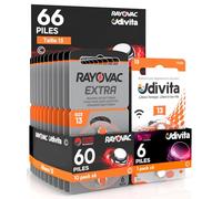 66 Piles Taille 13 pour Les Aides auditives PR48 (Orange - Zinc Air) avec la Technologie Phono Pulse pour amplificateur auditif - 66 Piles: 6 Udivita + 60 Rayovac