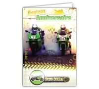 67-1014/2 Carte Heureux Anniversaire en Or Doré Brillant Moto Verte pour Garçon Homme avec Enveloppe Blanche 12x17,5cm Motard Casque Course Compteur Vitesse Circuit Drapeau à Damier Championnats