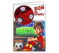 67-1279 Carte Bon Anniversaire pour Garçon Footballeur Ballon Rond de Foot Rouge Brillant Maillot Rayé Sang et Or Supporter Racing Club - Avec Enveloppe Blanche Format 12x17,5cm - Fabriqué en France