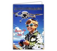 67-1283 Carte Pour ton Anniversaire Garçon qui Pilote un Drone Jouet Robot Télécommandé Argenté Brillant Militaire Illustration Jeunesse - Avec Enveloppe Blanche Format 12x17,5cm - Fabriqué en France