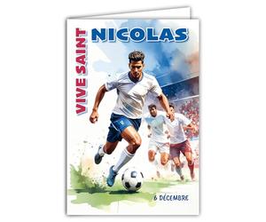 68-1369 Carte Vive Saint Nicolas 6 Décembre Souhaitez une Bonne Fête à un Garçon Jeune Homme Footballeur Football Ballon Rond Attaquant Terrain But - Avec Enveloppe Blanche Format 12x17cm