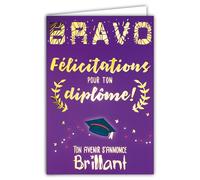 68-5002 Carte Bravo Félicitations pour ton DIPLÔME Ton Avenir s'annonce Brillant Texte en Or Doré avec Enveloppe 12x17,5cm Réussite Lauriers Chapeau Création Édition Impression Fabrication Française