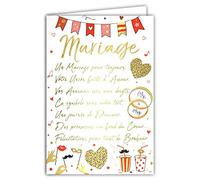 69-3046 Carte FÉLICITATIONS MARIAGE grand texte mots en dorure OR doré qui brille Alliances Cœurs Guirlande ; Livrée avec enveloppe ; Format Carte fermée 11,5x17cm ; Fabriqué en France