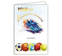 69-3130 Carte Anniversaire Sportif Ballons Football Basketball Volleyball Rugby Tennis Peinture Aquarelle -Finitions Dorure Or Doré + Gaufrage en Relief +1 Enveloppe Format 12x17cm -Fabriqué en Europe