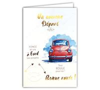 69-3143 Carte Nouveau Départ Retraite Bonne Route Voiture Rouge Vis à font tes projets Peinture Aquarelle -Finitions Dorure Or Doré + Gaufrage en Relief +1 Enveloppe Format 12x17cm -Fabriqué en Europe