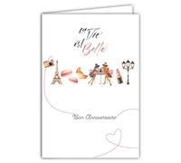 69-4511 Carte Anniversaire Le Vie est Belle en Rose pour Fille Femme élégante Tour Eiffel Paris Macarons Croissant Rouge à lèvres Illustration - Avec Enveloppe Format 12x17cm - Fabrication française
