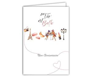 69-4511 Carte Anniversaire Le Vie est Belle en Rose pour Fille Femme élégante Tour Eiffel Paris Macarons Croissant Rouge à lèvres Illustration - Avec Enveloppe Format 12x17cm - Fabrication française