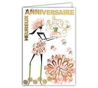 69-7066 Carte Heureux Anniversaire Femme Fille Maman Mère Fleurs Flacon Parfum Rose Noir et Or Dorée Fêter Souhaiter Brillant Chic Tendance à la mode