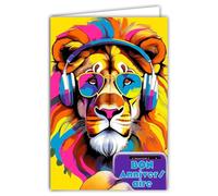 69-8162 Carte FLUO Bon ANNIVERSAIRE Pop Art Multicolore Lion avec Lunettes de Soleil Casque Audio Smartphone Animal Afrique -Avec Enveloppe Blanche 12x17,5cm -Création Fabrication Qualité Française