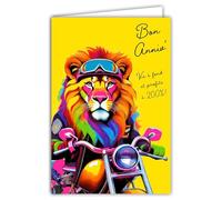 69-8174 Carte FLUO Bon ANNIVERSAIRE Vis à Fond et Profite à 200% Lion Motard Moto Lunettes de Soleil Style Pop Art Multicolore -Avec Enveloppe Blanche 12x17,5cm -Création Fabrication Qualité Française
