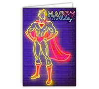 69-8181 Carte FLUO Happy Birthday Super Héros Style Néon pour Garçon Homme Super Man Fort Mus ostaud avec une Cape Rouge - Avec Enveloppe Blanche 12x17,5cm -Création Fabrication Qualité Française