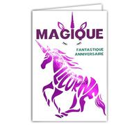 69-9003 Carte ANNIVERSAIRE Magique +Enveloppe 12x17,5cm Mot Licorne Rose Fuchsia Brillant en forme de Silhouette Créature Fantastique pour Fille Enfant Ados - Création Impression Fabrication Française