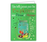 69-9043 Carte FÉLICITATIONS pour ton BAPTÊME Chrétien Catholique Belle Journée avec Parrain Marraine Mot en Or Doré Brillant Dragées +Enveloppe 12x17,5cm - Création Impression Fabrication Française