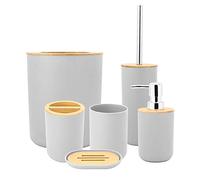 6Pcs Ensemble d'Accessoires de Salle de Bain avec Porte-Savon,Bouteille de Lotion,Porte-Brosse À Dents,Poubelle et Brosse de Toilette Accessoires en Bambou et Bois de Brossage(Gris)