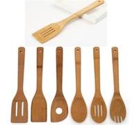 6pcs / set ustensiles de cuisine en bois de bambou cuisine fendue spatule cuillère support de mélange dîner aliments riz wok pelles outil G