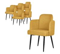 6x Chaises salle à manger tissu moutarde avec accoudoirs et dossier aspect rotin