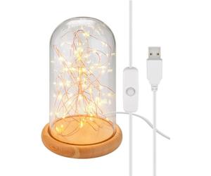 6x Goobay 60340 Cloche en verre avec micro-chaîne lumineuse LED, beige-transparent - avec socle en bois, câble USB 115 cm, chaîne lumineuse 5 m avec 50 micro-LED en blanc chaud (2700 K) et interrupteu
