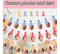 7/14/21 pièces Bannière de chapeau d'anniversaire personnalisée avec photo pour enfants - Guirlande de chapeaux de fête personnalisée 5 couleurs avec photo, Fanion d'anniversaire personnalisé avec nom