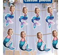 7/14/21pcs Bannière de photo de visage personnalisée sur le thème de la sirène, fond de fête d'anniversaire personnalisé, décoration de fête d'anniversaire avec scène sous-marine à accrocher au mur Lo