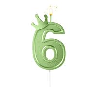 7,6 cm Bougie Numéro d'Anniversaire, 3D Bougies de Gâteau avec Couronne Bougies Chiffres Anniversaire Bougies d'Anniversaire pour Anniversaire Fêtes (Vert ; 6)
