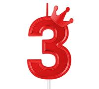 7,6cm Bougie Anniversaire Numéro, Grandes Bougies Anniversaire 3D Bougies de Gâteau d'Anniversaire avec Décor de Couronne Cake Topper pour Mariage Valentin Anniversaire Festival Fête (Rouge, 3)
