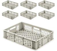 7 bacs de stockage "Basic", perforés, dimensions 600 x 400 x 130 mm, capacité 24 litres, 4 poignées de transport, en polyéthylène haute densité (PE-HD), de couleur gris pierre
