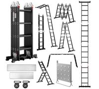 7 en 1 Échelle Pliante en Aluminium TEENO, 4.7 M, avec 2 Plateformes, 2 Roues Amovibles, Support de Travail pour Échelle, Pieds en Caoutchouc