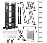 7 en 1 Échelle Pliante en Aluminium TEENO, 4.7 M, avec 2 Plateformes, 2 Roues Amovibles, Support de Travail pour Échelle, Pieds en Caoutchouc, Charge 150 kg, Noir