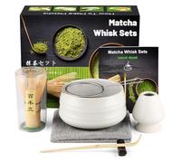 7 Pièce Matcha Set : Broom, Tea Set, Spoon, Whisk Holder, Balai, Shovel, Strainer - Accessoires Traditionnel Japonais Thé Matcha Meilleur Offrande, Blanc