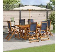 7 pièces Ensemble de meubles de jardin en bois d'acacia massif, chaises pliantes réglables en 5 positions, table extensible avec trou de parapluie, surface huilée, max 110 kg